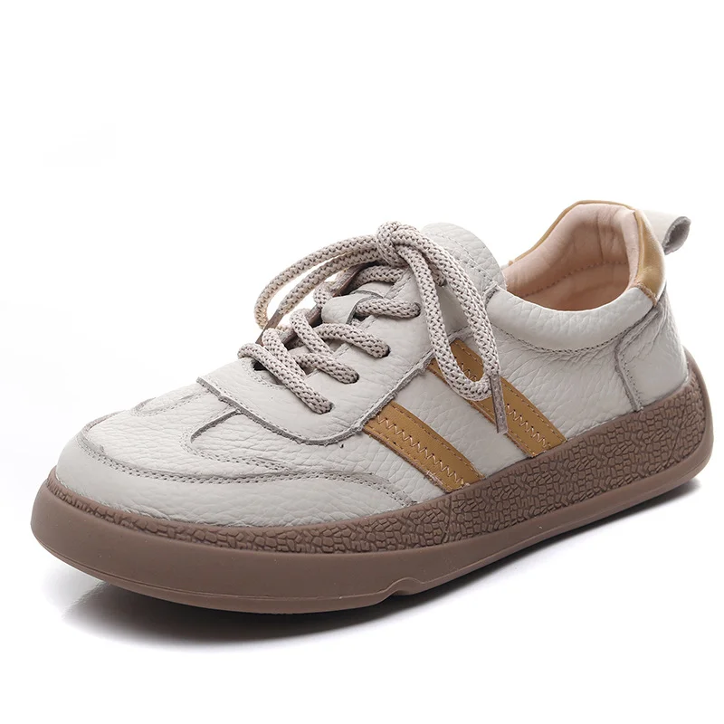 Yyvonne Layer Cowhide Flat-Soled Single-Shoe Women 2025 Spring New Passion Casual Descun Shoes Round Head Lace Board Shoes