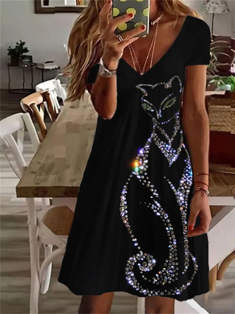 Elegant Cat Glitter Art V Neck Midi Dress