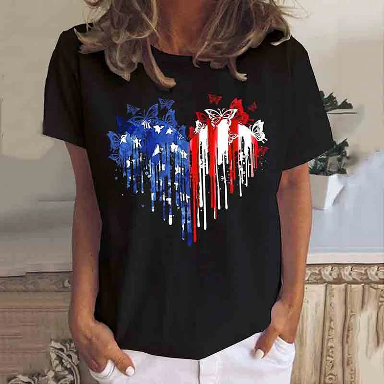 VChics Heart American Flag Print Crew Neck T-Shirt