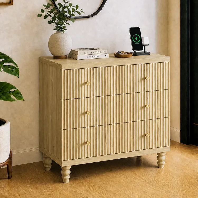 Bestier 3 Drawer Dresser with Charging Station, Modern Fluted Wood Storage Cabinet for Living Room, Chest of Drawers with Gold Handles, Tall Dresser for Hallway, Entryway & Home Office, Natural Oak