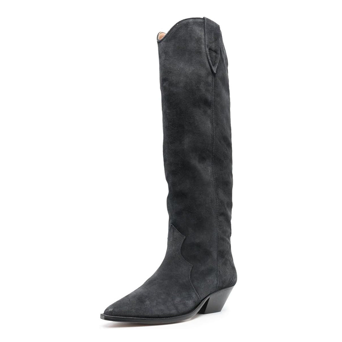 Classic Black Faux Suede Block Low Heel Knee High Western Boots Nicepairs