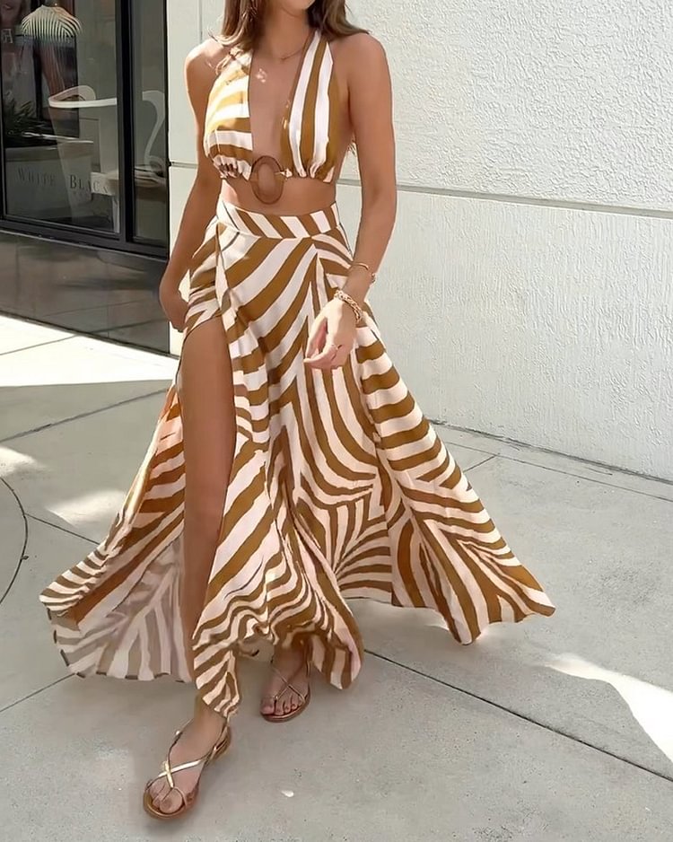 Casual Striped Top & Slit Skirt Two-piece Set