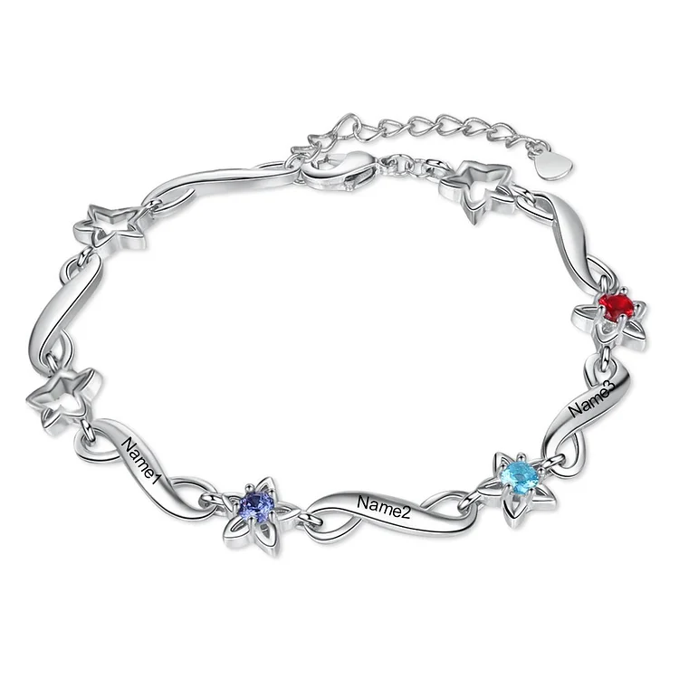 Personalized Infinity Bracelet Engraved with 3 Birthstone and 3 Name