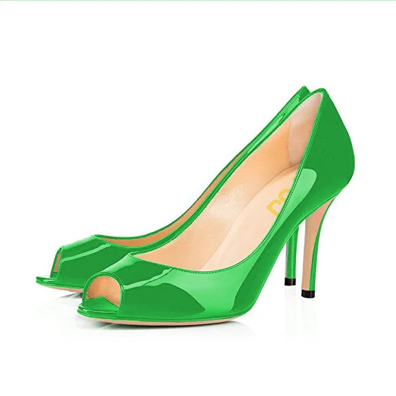 Lime Green Patent Leather Office Peep Toe Heels on Sale by VDCOO Vdcoo