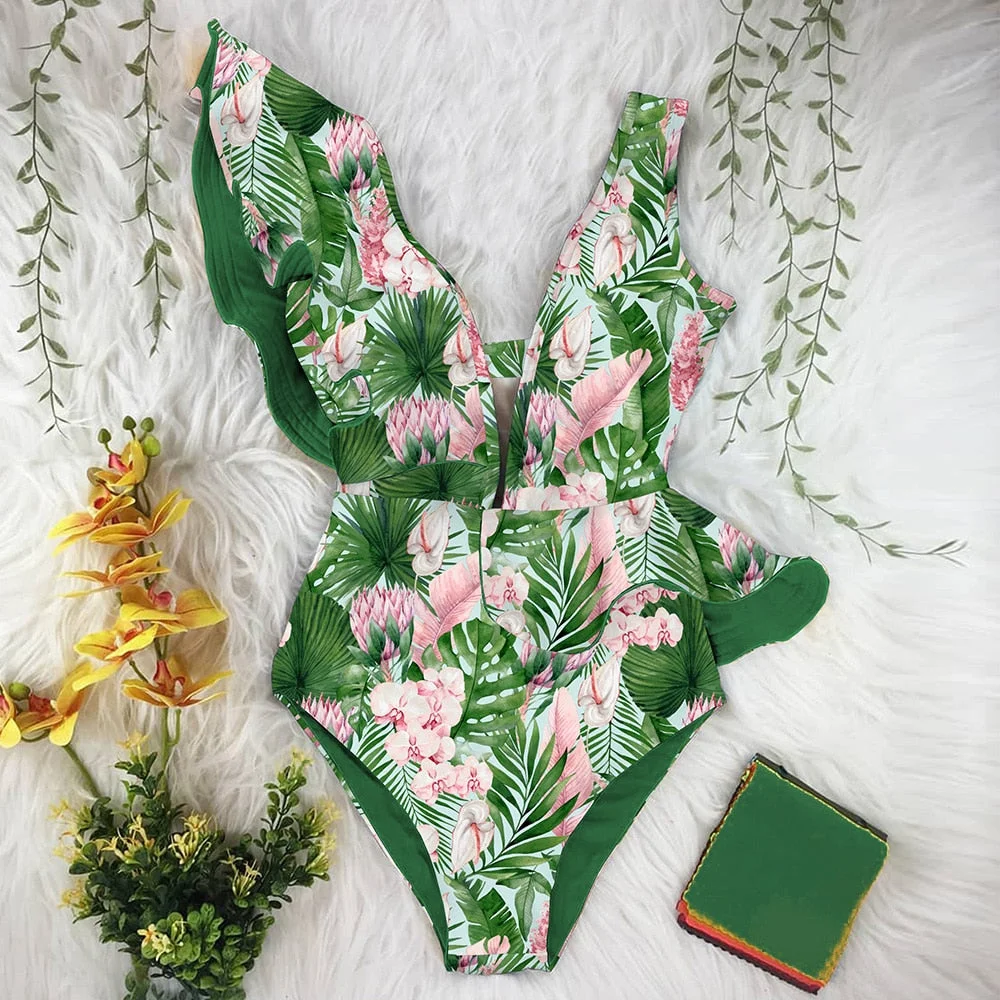 2022 New Sexy Ruffle Print Floral One Piece Strappy Slimming Swimwear Women Swimsuit Deep-V Bathing Suit Beach Wear Monkini