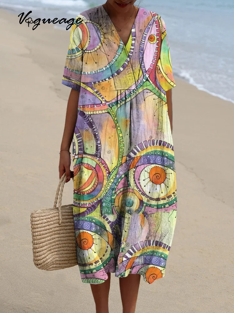 Fashion Creative Pattern Printed Women's Casual Cotton And Linen Dress