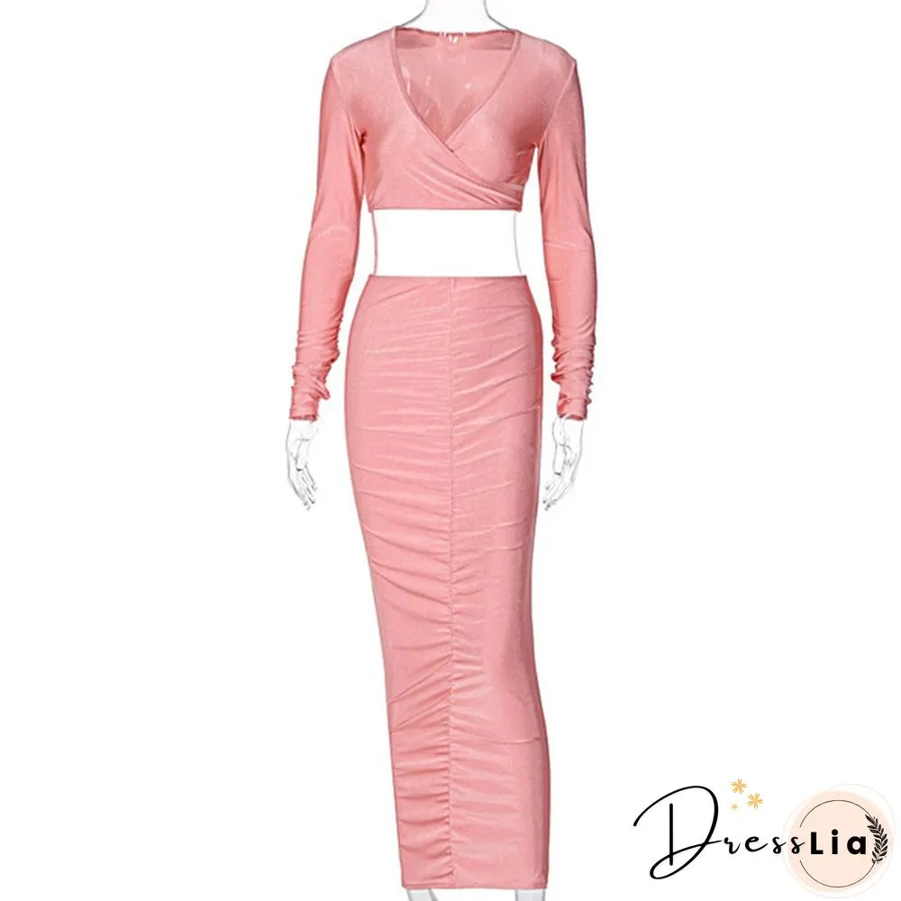 Neck Ruched Party Co-Ord Sets Women Clubwear Long Sleeve Bodycon Skinny Crop Top And Skirt