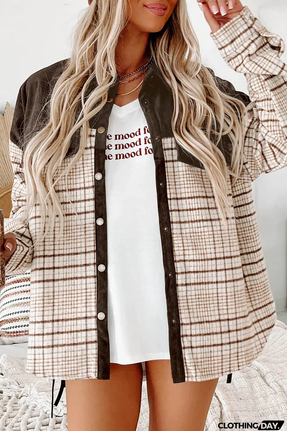 Brown Plaid Patchwork Button-up Shift Shirt Jacket