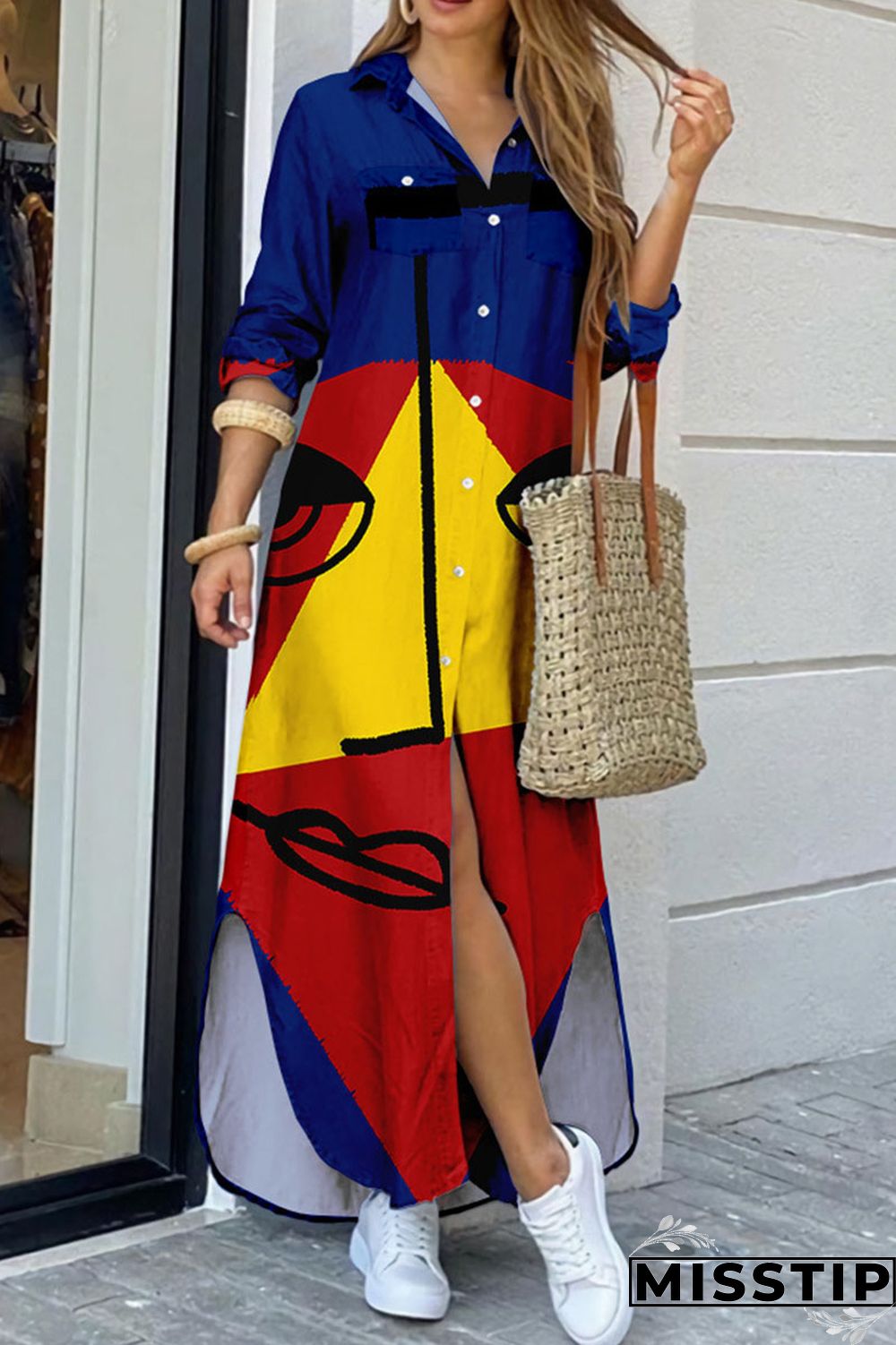 Lake Green Casual Street Print Patchwork Buckle Turndown Collar Shirt Dress Dresses