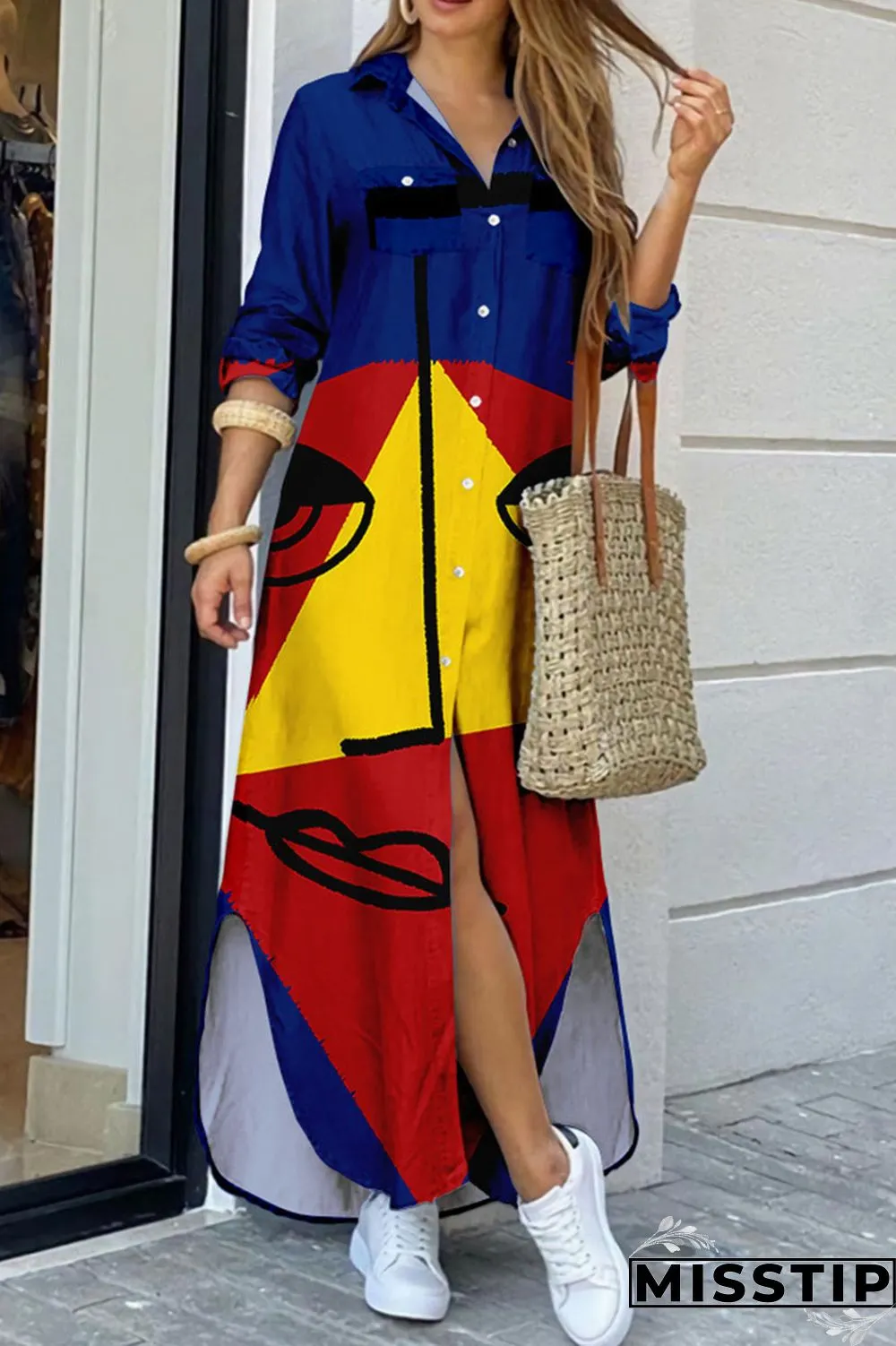 Lake Green Casual Street Print Patchwork Buckle Turndown Collar Shirt Dress Dresses