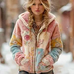 Women's Vintage Rose Floral Pattern Plush Zip-up Hoodie - Image 2