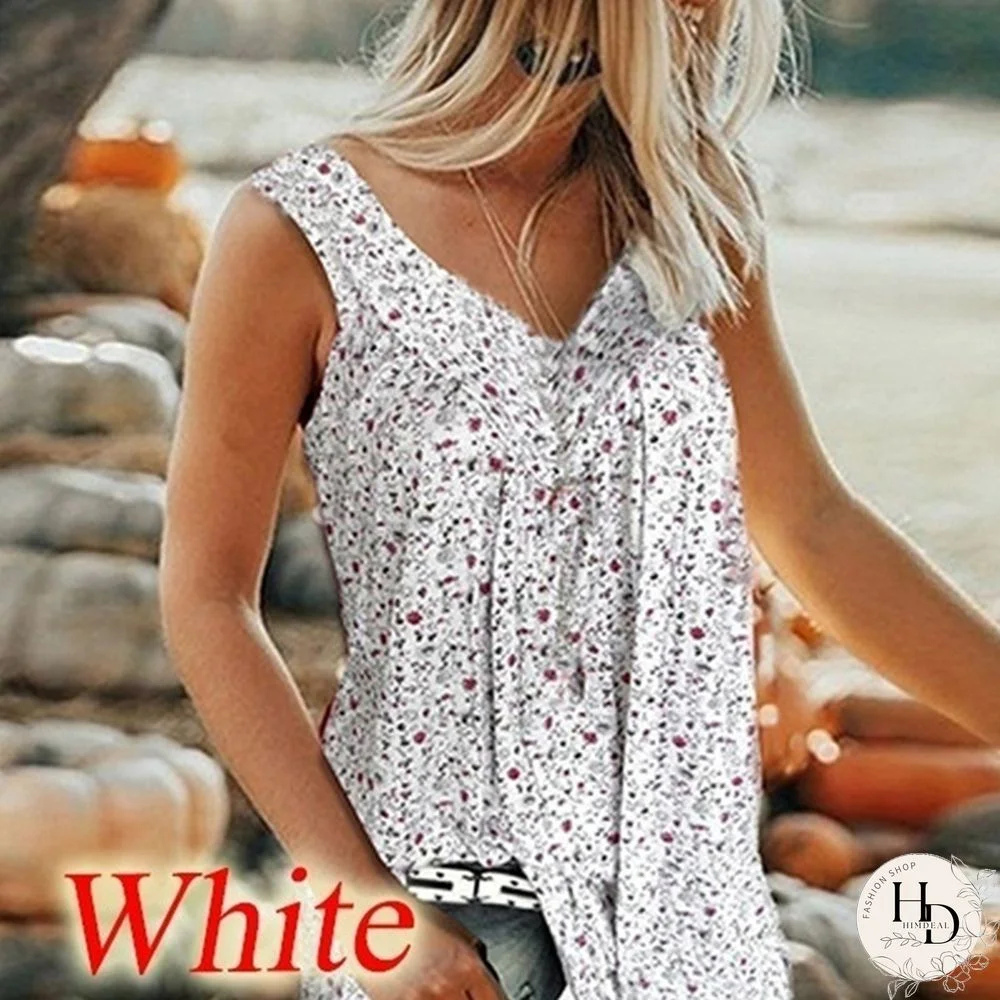 XS-8XL Plus Size Sleeveless Summer Tops Fashion Clothes Women's Casual Floral Printed Blouses Ladies Beach Wear Pleated Shirts Deep V-neck Tank Tops