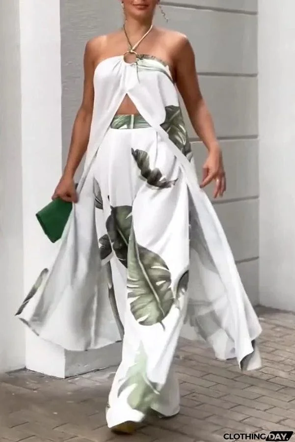 Printed Halter Neck Slit Top and Track Pants Two Piece Set