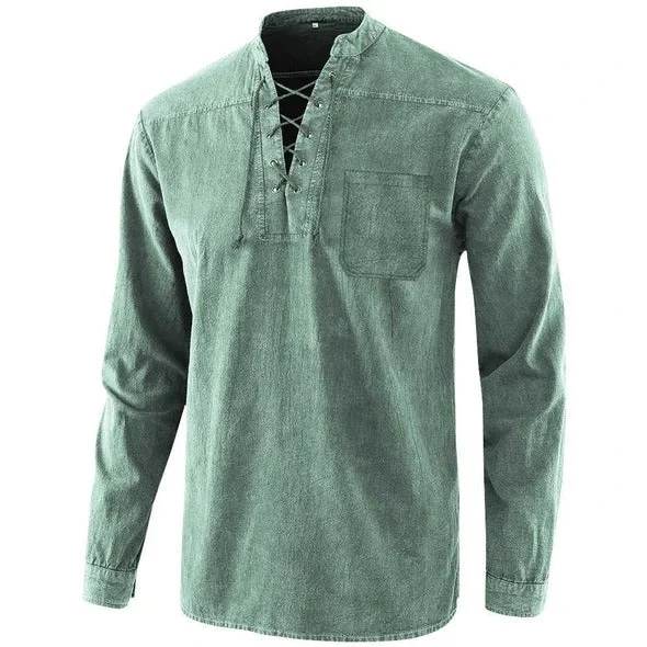 Mens Retro T-shirt Pocket Tie V-neck Denim Long Sleeve T-Shirt Loose Top