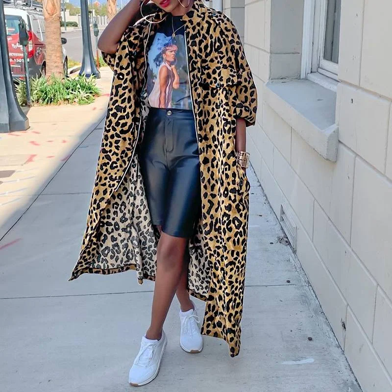 Jangj Women Long Jackets 2022 VONDA Autumn Long Sleeve V Neck Zipper Long Maxi Coats Vintage Leopard Printed Coats Femininas Outercoat