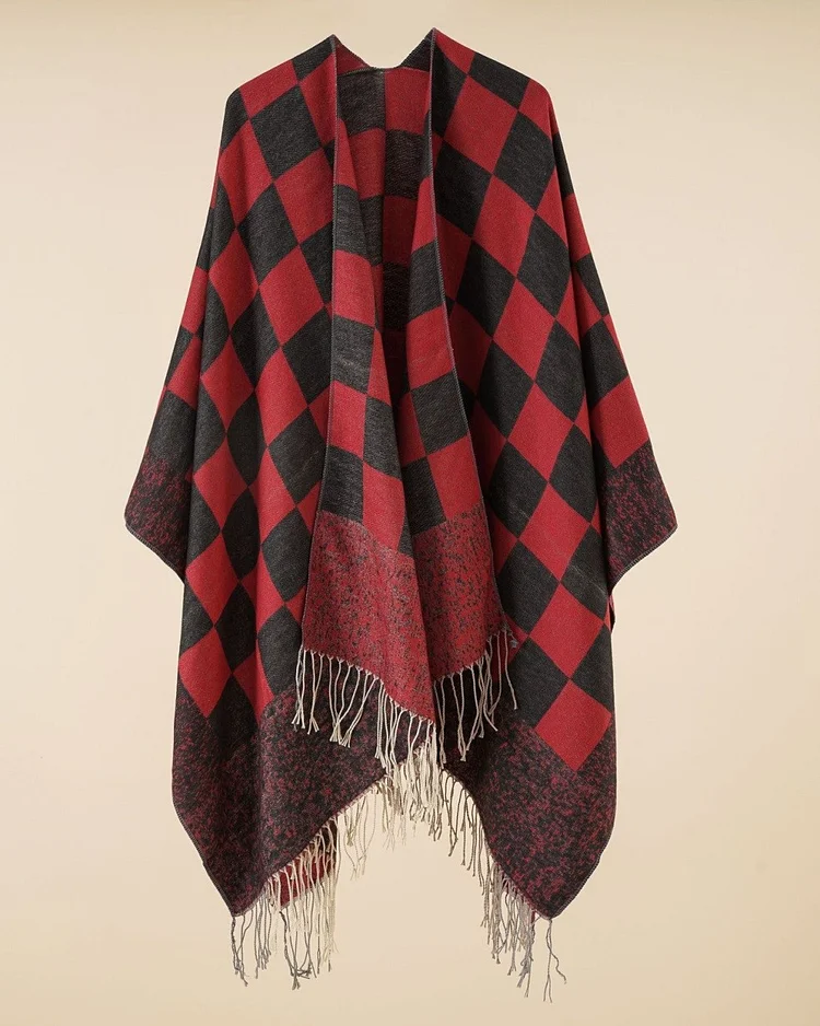 Women's Red Plaid Casual Cape Shawl 004