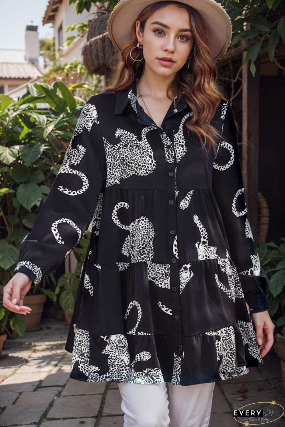leopard print collared button up shirt dress with ruffled sleeves