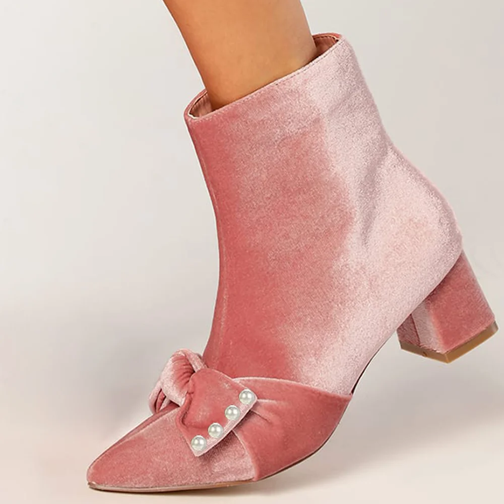 Pink Pointy Toe Suede Chunky Heels Ankle Boots