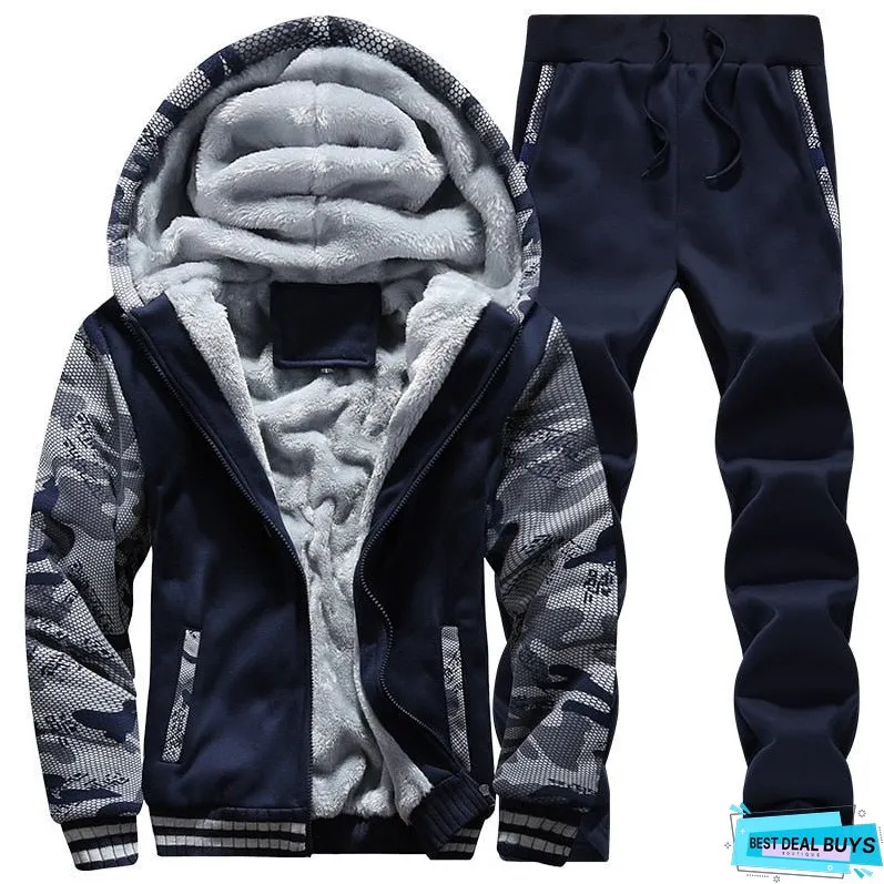 Tracksuit Men Sporting Fleece Thick Hooded Mens JacketPant Warm Fur Inside Winter