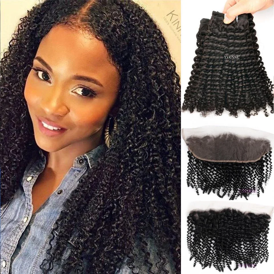 Free Shipping YVONNE Platinum Grade Kinky Curly 13*4 Lace Frontal With 3 Bundles Hair Weaves