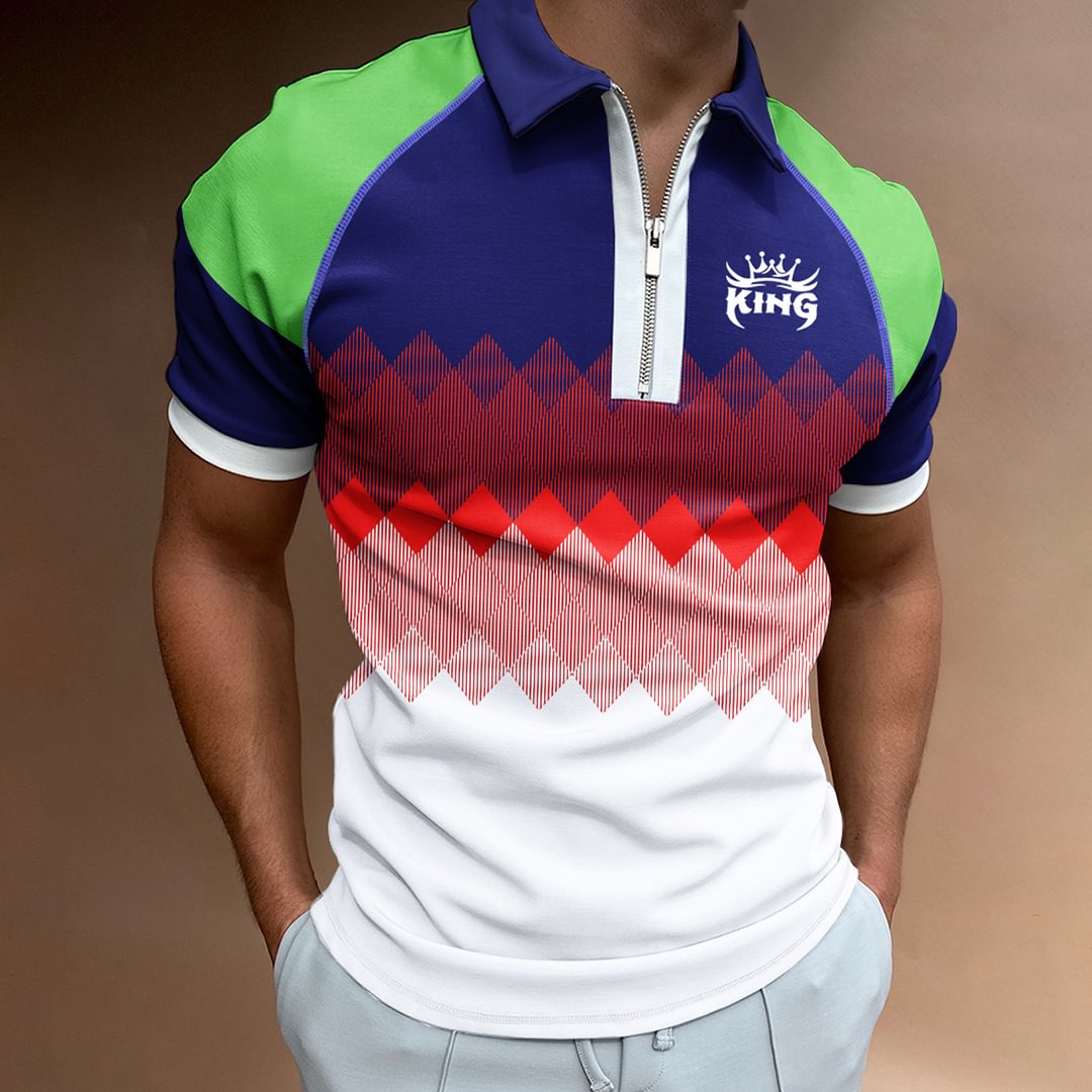 Men's Sports Tops Gradient Geometric Print Color Matching Short Sleeve Zipper Polo Shir、、URBENIE