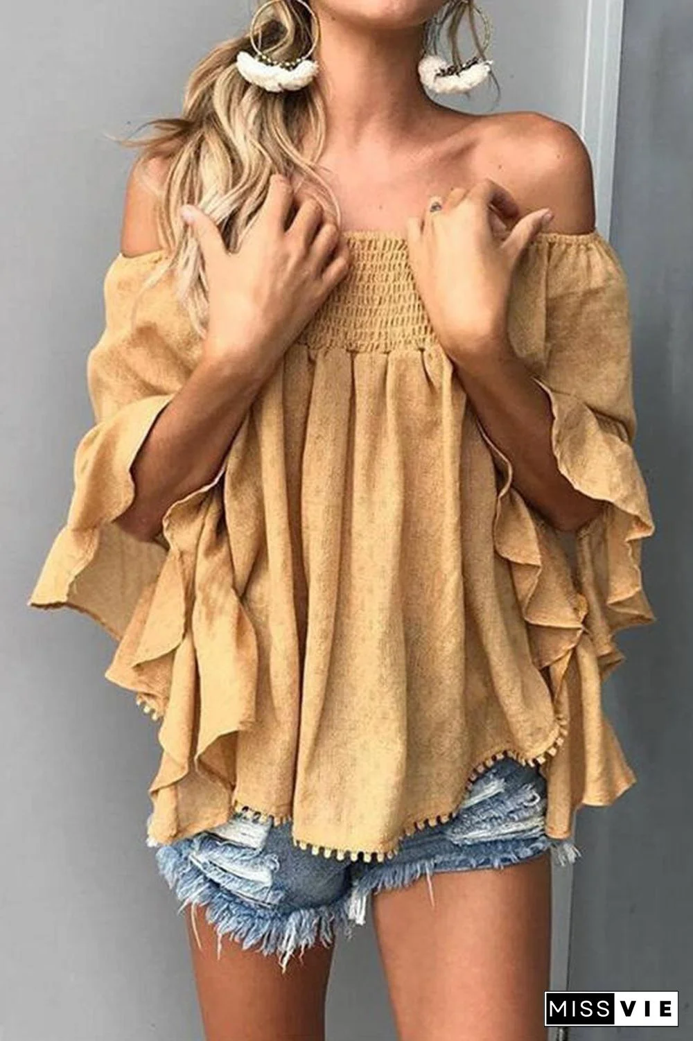 Off the Shoulder Flare Sleeve Blouse P12670