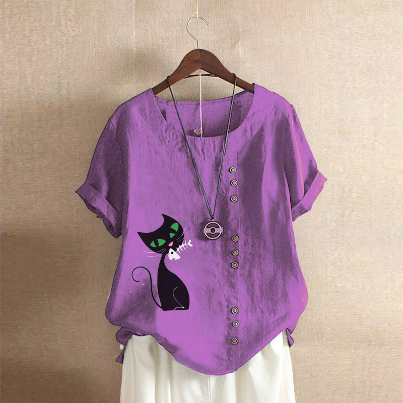 Groksage Woman Blouse 2025 Summer Retro Casual Loose Fitting Cotton And Linen Short Sleeved Pullover Shirt Ladies Botton Cat Print Tops