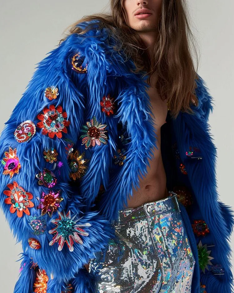Men’s Fashionable Feather Embroidered Faux Fur Coat