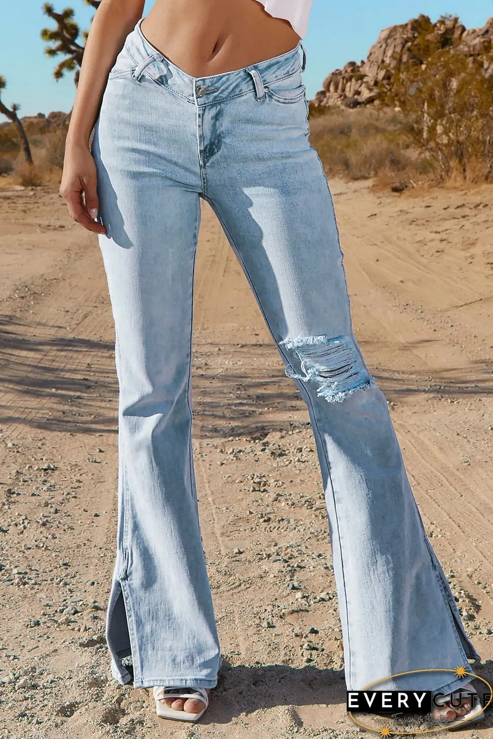 Sky Blue Black Ripped Slit Legs Flare Jeans