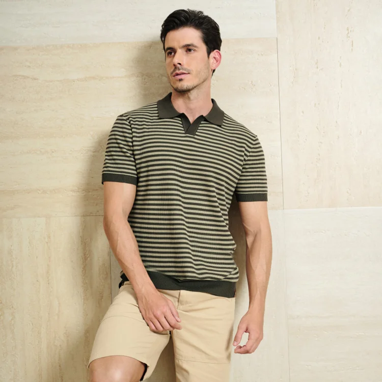 Classic Fit Striped Texture Knit Polo Shirt QueenFunky