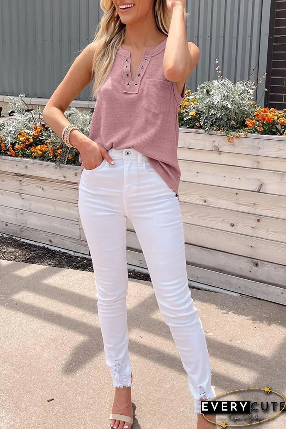 Pink Notched Neck Eyelet Thermal Knit Tank