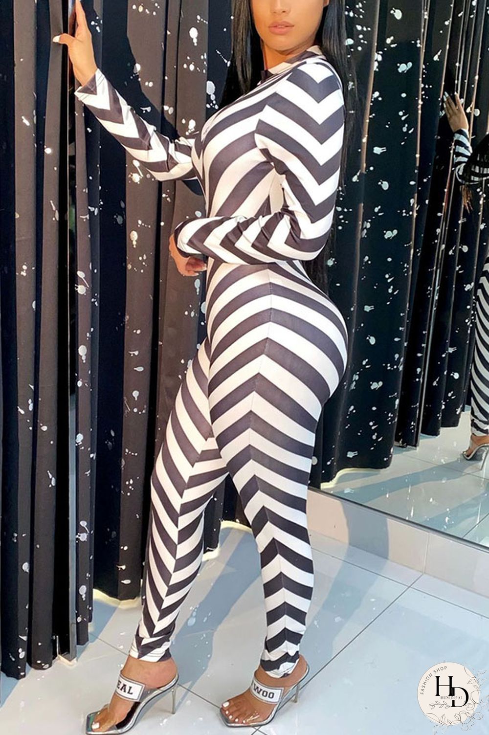 Green Fashion street Striped Milk. Long Sleeve O Neck Jumpsuits