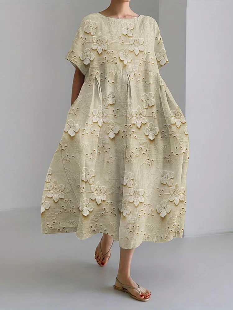 3D Floral Lace Embroidered Linen Blend Maxi Dress