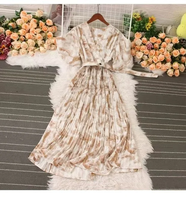 Athvotar Athvotar French Crumlom Dyed Summer New Waist Display Thin And Long Elegant Folded Chiffon Dress Holiday Woman