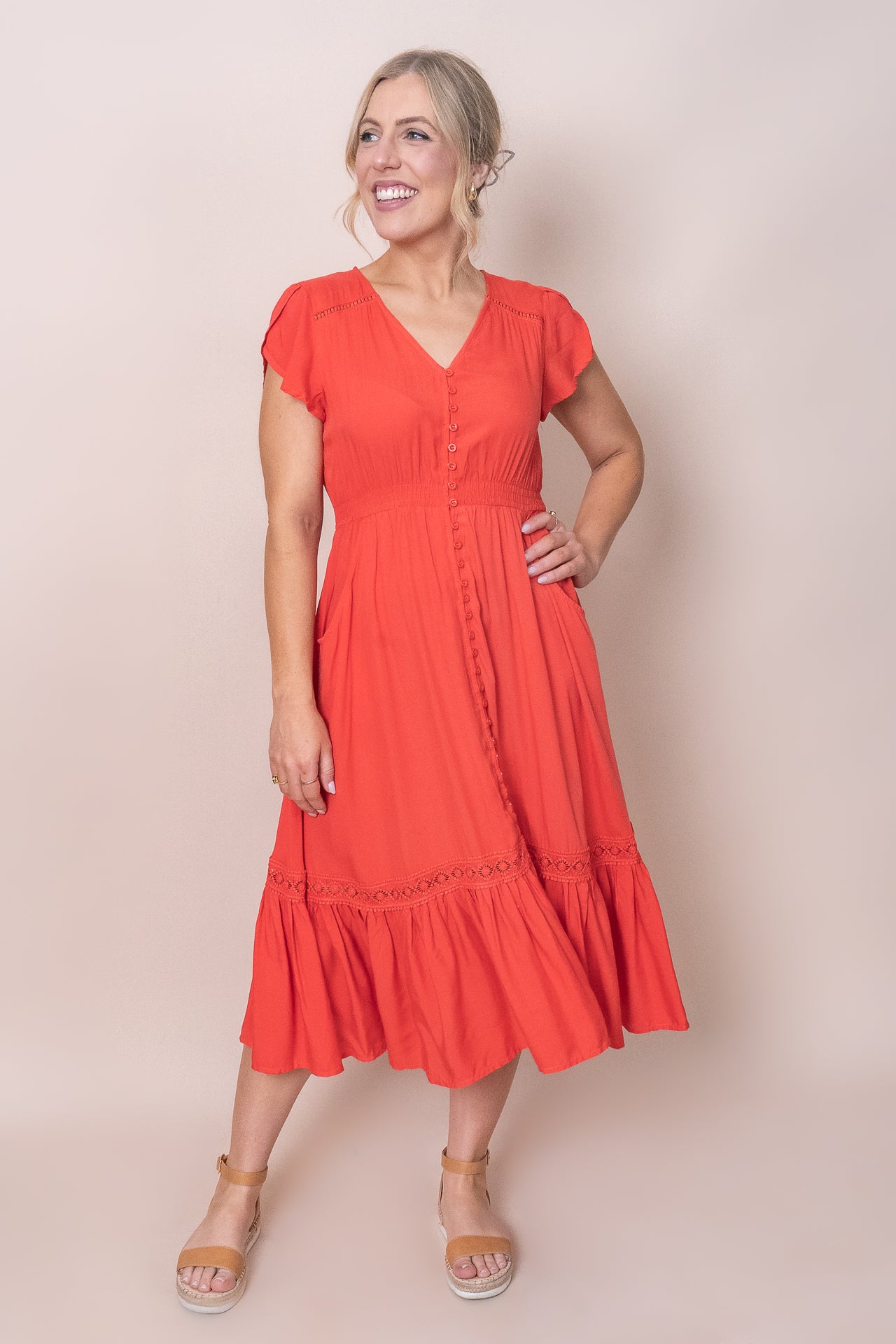 Genie Midi Dress in Papaya Red