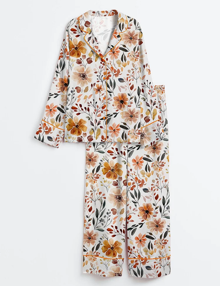 Women&rsquo;s Fall Cottagecore Flower Field Long Sleeve Satin Pajama Set