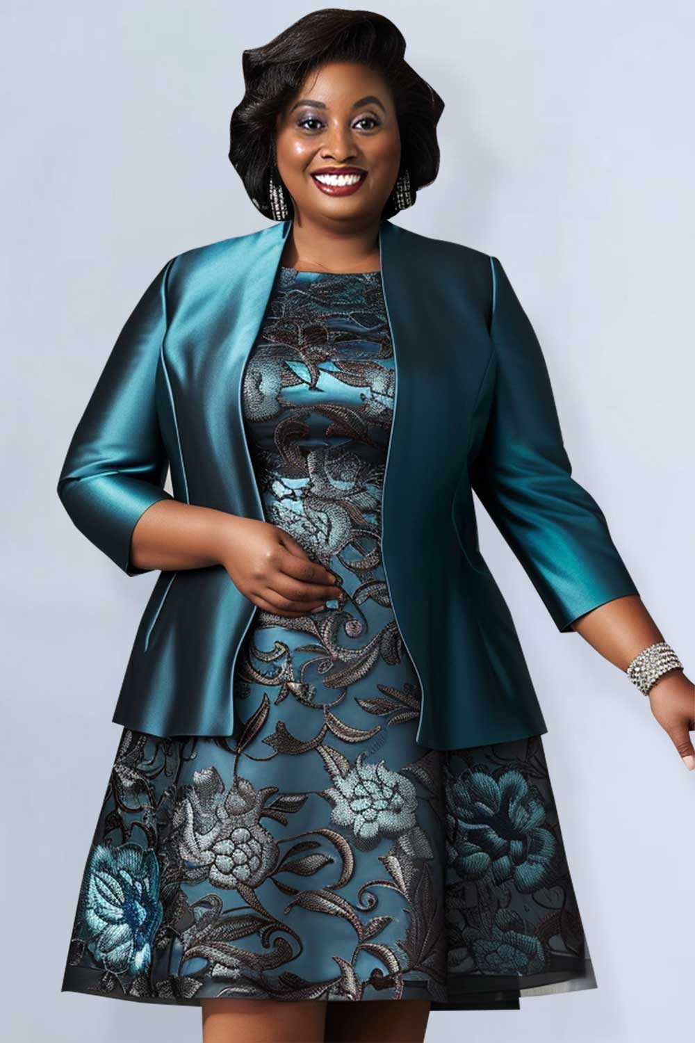 Design Plus Size Mother Of The Bride Dress Set Elegant Emerald Green Floral Spring Summer Round Neck 3/4 Sleeve Satin Two Piece Dress Set [Pre-Order]