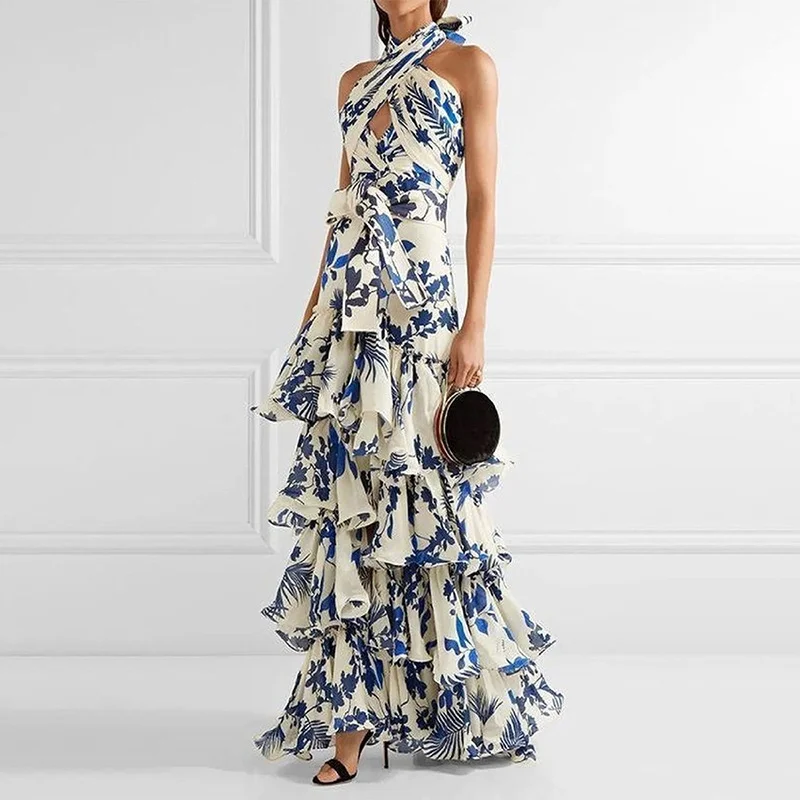 Elegante abito lungo con scollo all'americana e stampa floreale