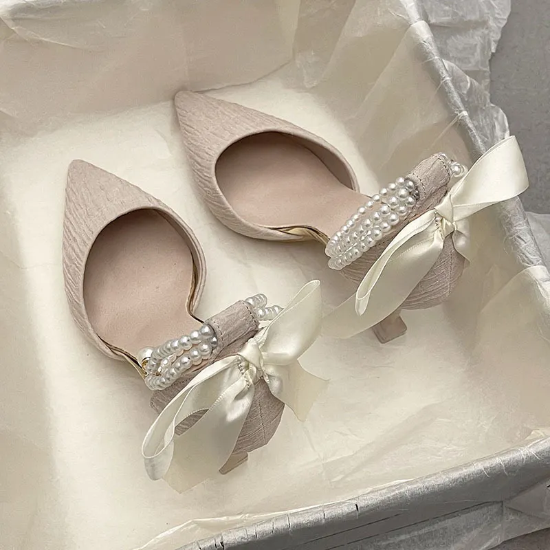 Breakj Breakj Word With High Heels Women 2025 Spring And Summer New Pointed Thin Heel Bow Head Hollow Sandals