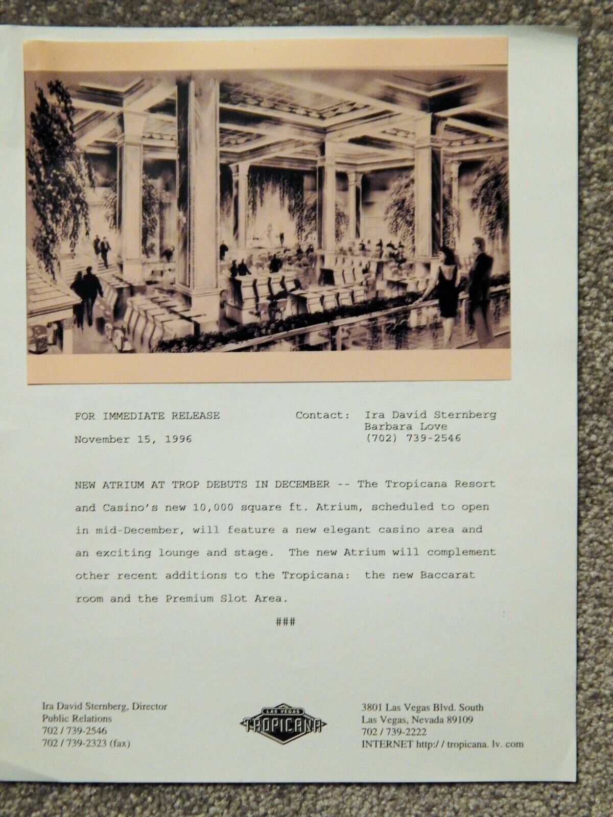 ATRIUM DEBUT 1996 PRESS RELEASE & 7 X 5 Photo Poster painting TROPICANA LAS VEGAS