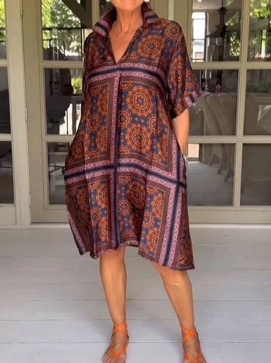 Casual V-neck Printed Loose Dress 