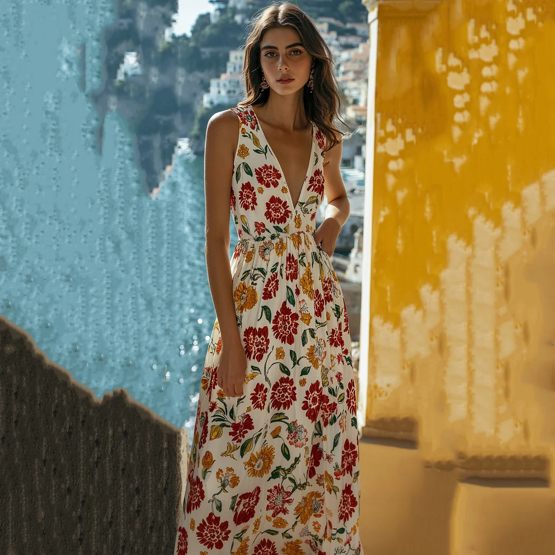 Abito lungo da resort con stampa giglio di Firenze, Italia