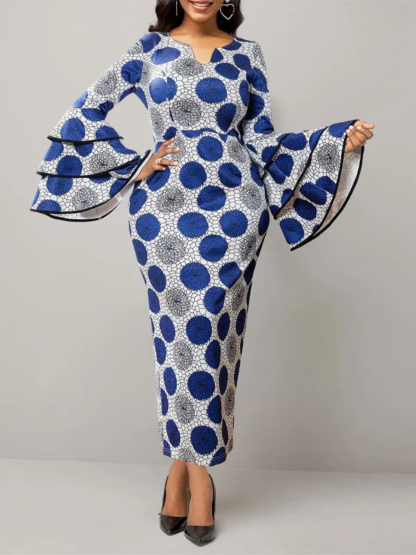 Tribal Print Long Sleeve Blue Sheath Dress