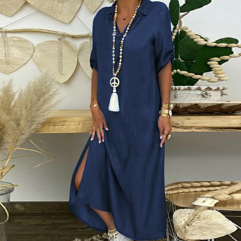 New Women's Summer Large Size Denim Short Sleeved Fashionable Dress, Casual Solid Color Lapel Large Size Long Dress