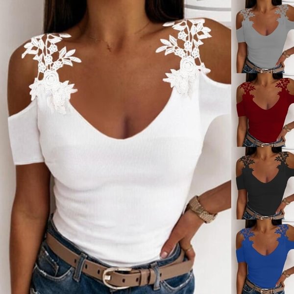 Women Fashion Plus Size Solid Color Lace Cold Shoulder Tops Casual Slim Fit Short Sleeves Shirt Deep V Neck Summer Tops - Shop Trendy Women's Clothing | LoverChic