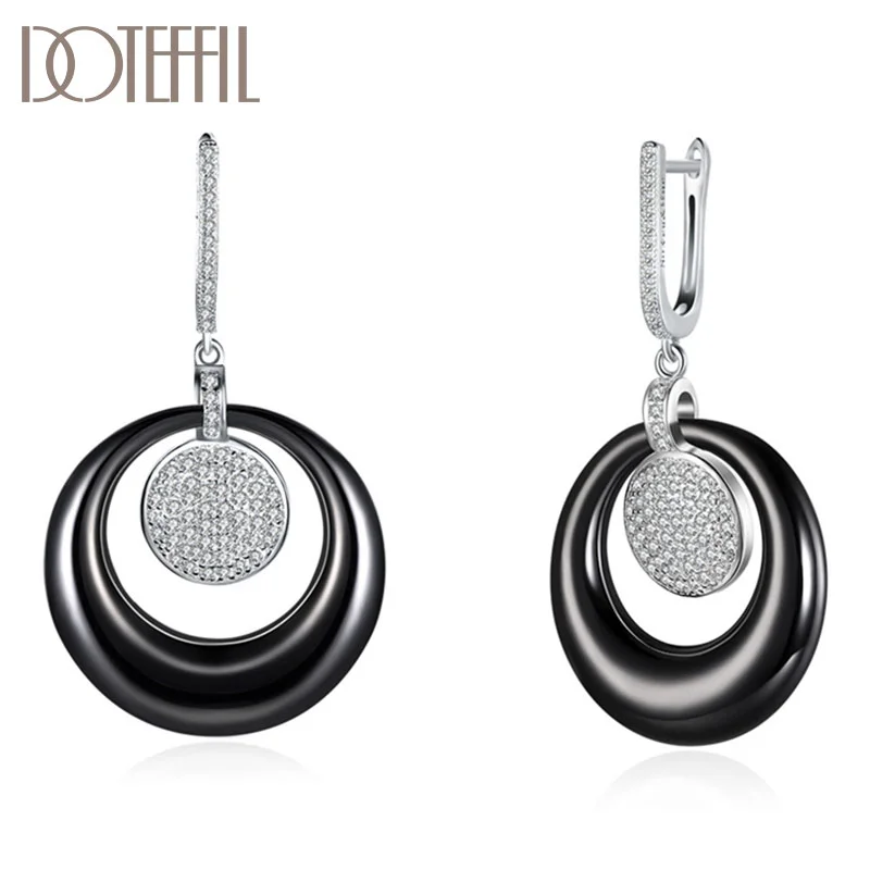 DOTEFFIL 925 Sterling Silver White/Black Ceramic Circle AAA Zircon Earrings Women Jewelry