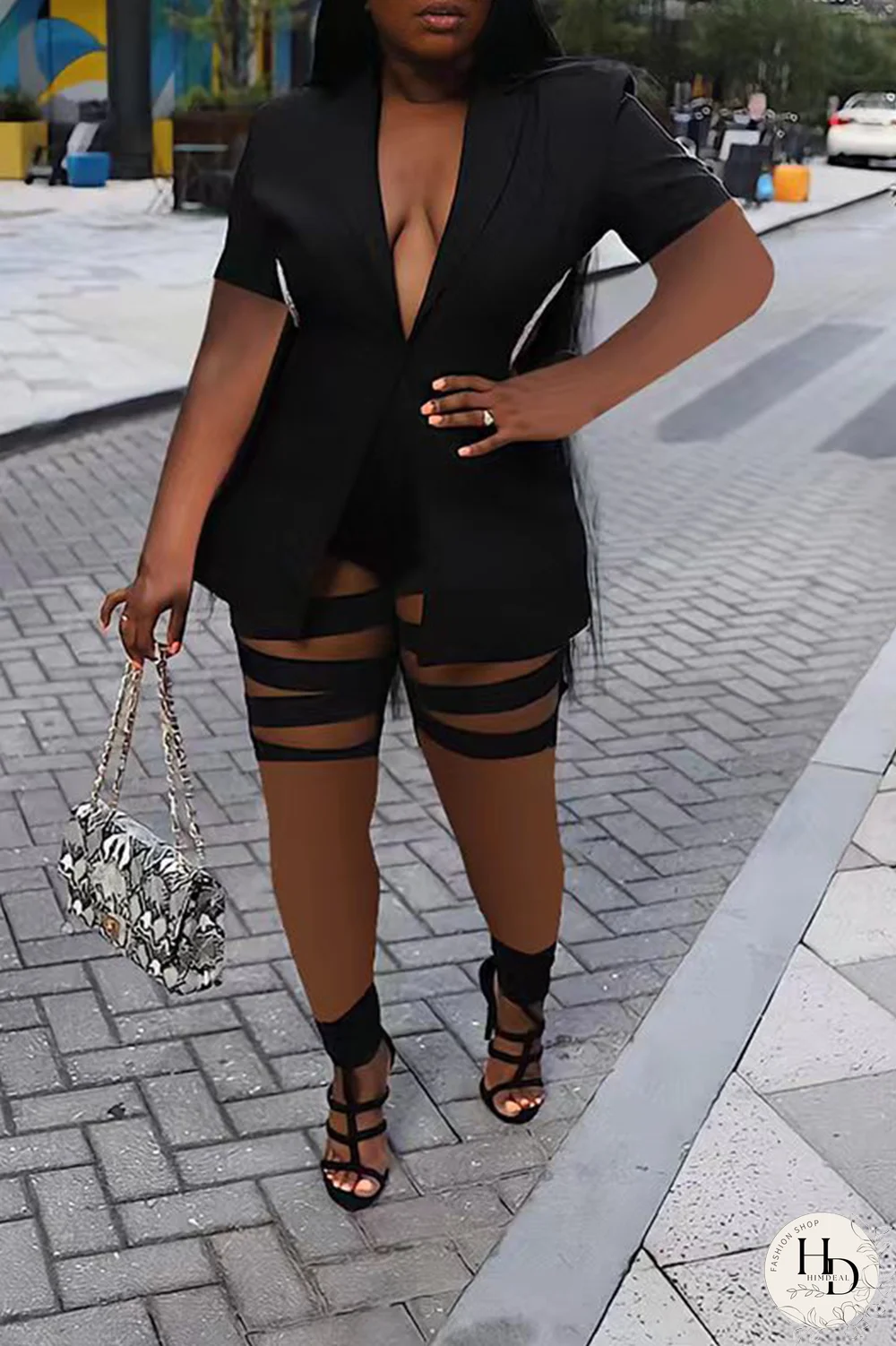 Red Sexy Solid Ripped Turndown Collar Short Sleeve Two Pieces