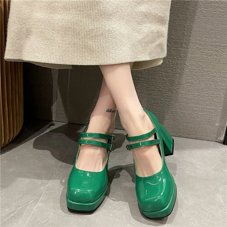Yyvonne Coarse Square Head Small Leather Shoes Women 44 Large Spring And Autumn New Mary Jane French High Heel Single Shoes