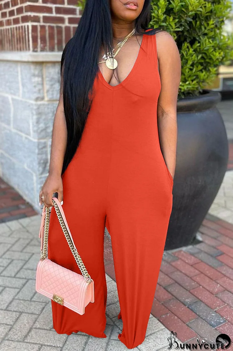 Orange Fashion Casual Solid Basic V Neck Regular Jumpsuits