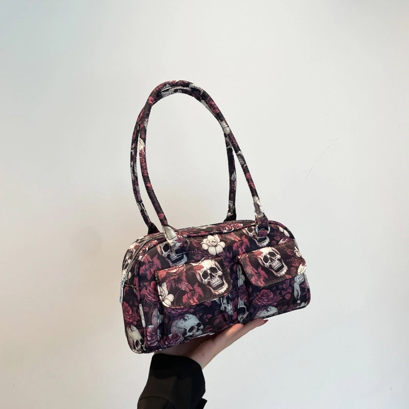 Halloween Women’s Flower Skull Streetwear Square Zipper Shoulder Bag